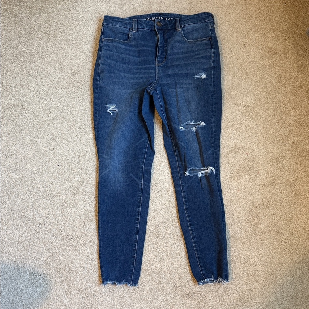 American Eagle Outfitters Women’s Skinny Jeans - Dark Blue Distressed